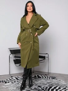 SHEIN SXY 女式新年時尚簡約雙排扣大衣 - 綠色 - 查看 4