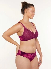 LUVLETTE Lingerie Velvet Lace Unlined V-Neck Sexy Bralette - Burgundy - View 9