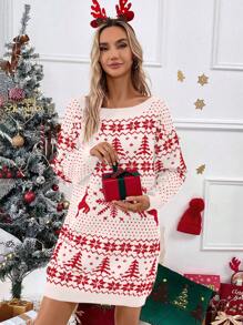 Chiquease Women's Reindeer Geometric Pattern Sweater Dress - White - View 4