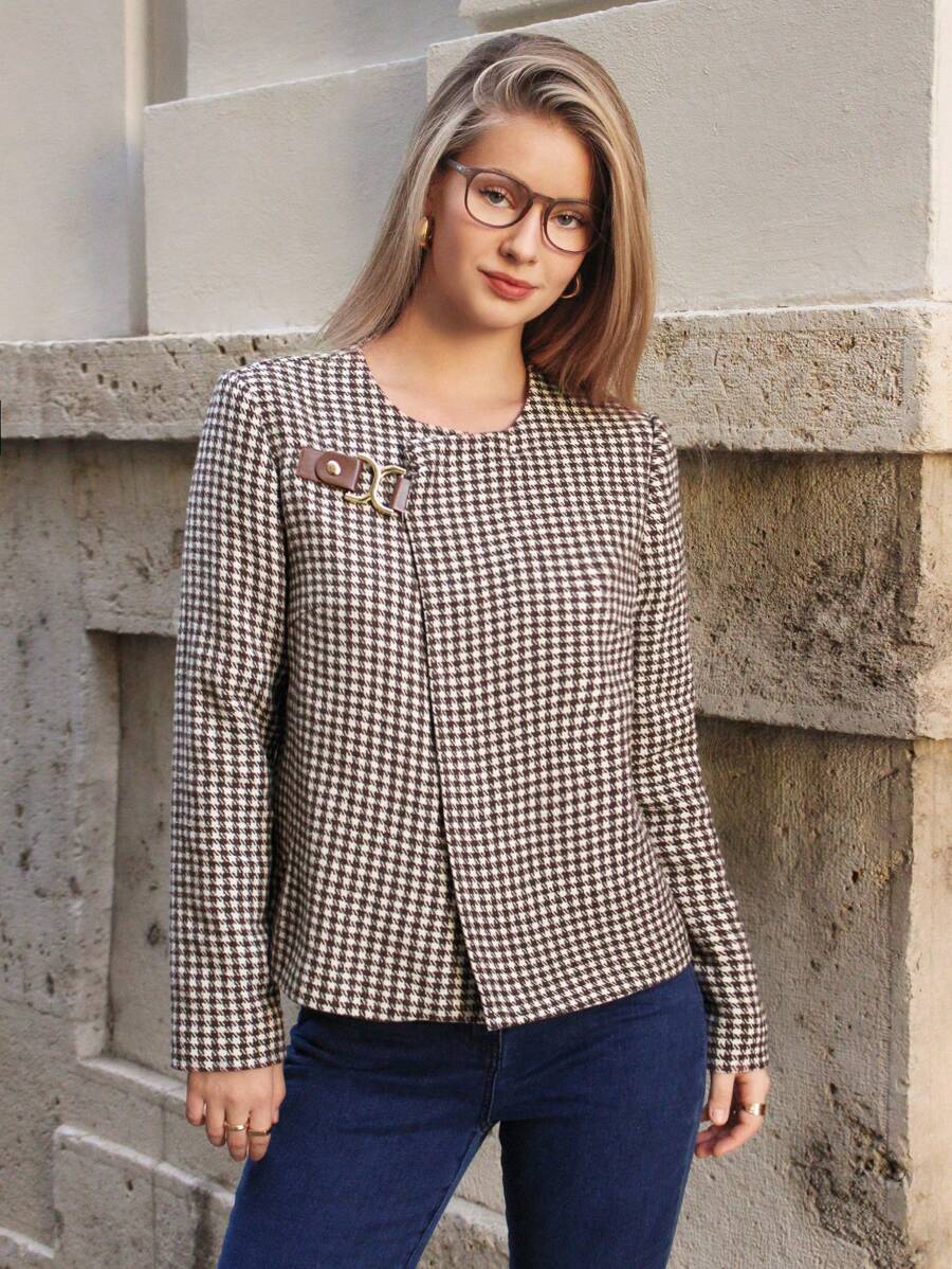 SHEIN Frenchy 女士格子夹克，配皮革和金属扣 - 卡其色 - 查看 1