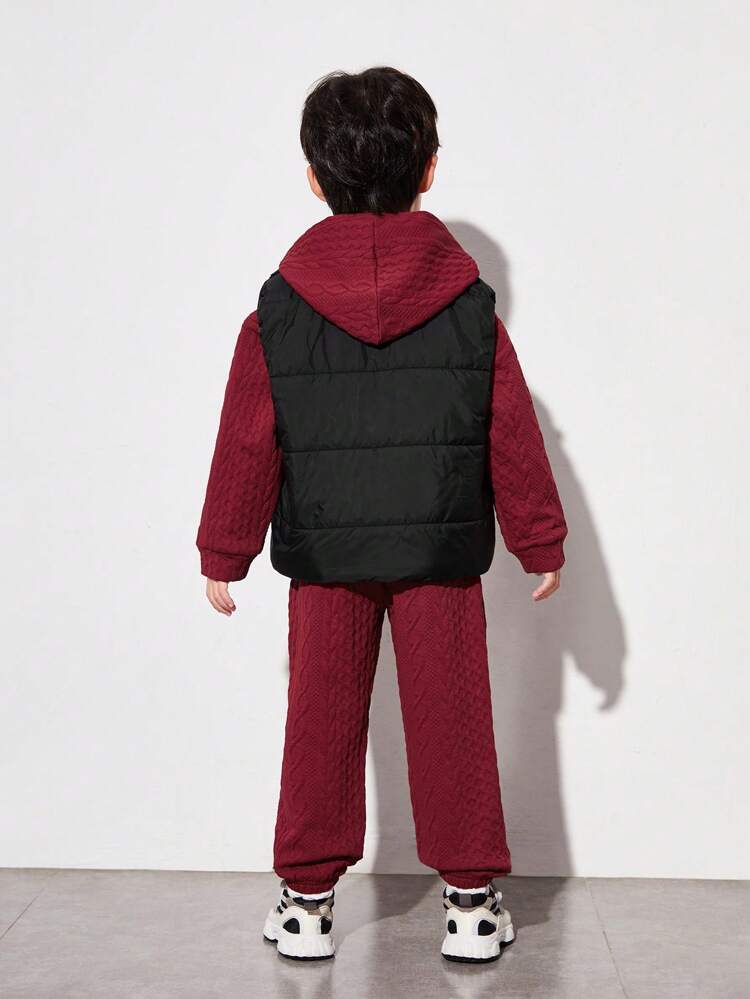 Toddler Boys' Casual Comfortable Hoodie With Twisted Knitting Pattern & Thick -padded Vest & Warmer Trousers