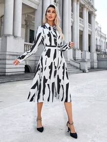 GENKIRA 女款長袖幾何印花束帶襯衫洋裝 - 黑與白 - 查看 6