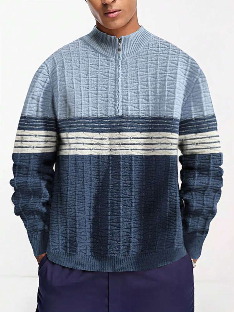 Striped Color-block Half Zipper Sweater