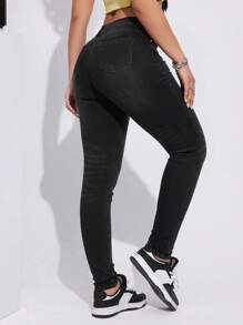 SHEIN EZwear Slant Pocket Skinny Jeans - Black - View 2