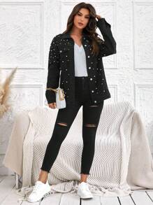 SHEIN LUNE Women's Denim Jacket With Pearl Decoration - Black - View 3