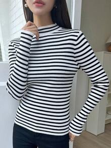 DAZY 女用條紋立領毛衣 - 黑與白 - 查看 6