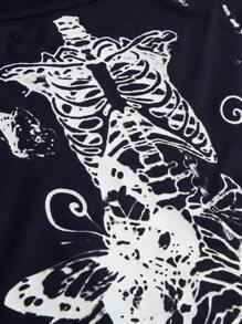 ROMWE Fairycore Lässiges Oversize T-Shirt mit Skelett-Meerjungfrau Muster und Trompetenärmeln