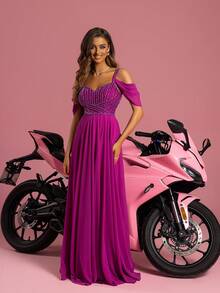 Đầm dự tiệc dài màu tím hở vai thanh lịch dành cho nữ - Màu tím - Xem 4