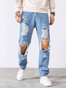 Manfinity Roughcore Bărbați Bumbac Decupat rupte zgârieturi de pisică zgârieturi Blugi cu picioare drepte Jean lung largi Cargo uni Albastru deschis Going Rock and Roll Friends