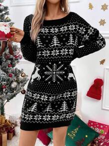 SHEIN Essnce Quý cô Hình bông tuyết Đầm Áo len - màu đen - Xem 6