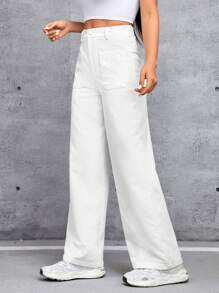 SHEIN PETITE Women's White Button & Front Slit Pocket Design Wide Leg Long Pants - White - View 5