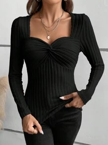 Chiquease 优雅女士扭纹结前长袖 T 恤 - 黑色 - 查看 3