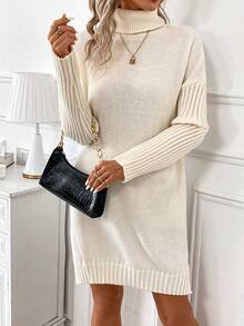 SHEIN Frenchy 女士純色高領分裂式下擺毛衣連衣裙 - 彩色 - 查看 6