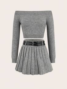 SHEIN Unity Women's Solid Color Off-Shoulder Long Sleeve Top And Pleated Skirt Sweater Set - Grey - View 1