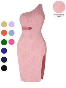 SHEIN Clasi 大碼單肩鏤空高衩連衣裙 - 粉色 - 查看 1