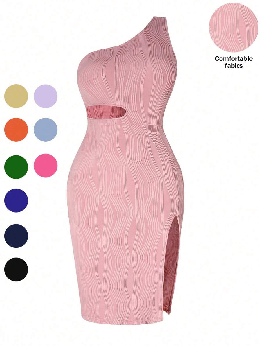 SHEIN Clasi 大碼單肩鏤空高衩連衣裙 - 粉色 - 查看 1