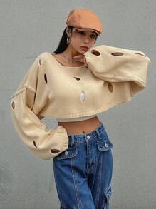 Dazy Star 女士中空下垂肩毛衣 - 黃色 - 查看 7