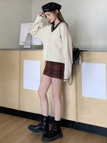 Dazy Star Sọc tương phản Cắt tỉa Thả vai Xoắn Dan Áo len - trắng - Xem 7