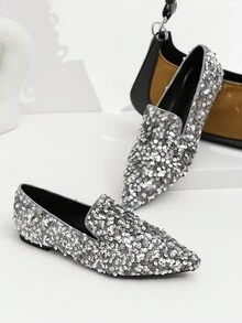 Fashionable Ladies' Silver Glitter Pointed-toe Flat Shoes, Versatile Style - Silver - View 7
