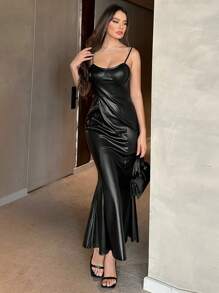 Firerie 素色魚尾裙下擺PU皮革吊帶洋裝 - 黑色 - 查看 3