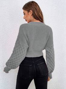 Chiquease Ngắn Đúng mốt Kết cấu Dệt kim Áo len Mở Với Sáng Màu thuần , Mở Mặt trước - Màu Xám nhạt - Xem 2