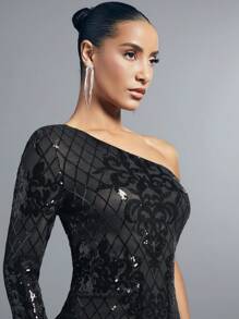 SHEIN BAE 聖誕單肩亮片緊身洋裝 - 黑色 - 查看 5