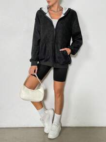 SHEIN Essnce Của phụ nữ Dây kéo Khép kín Lông cừu Áo nỉ - màu đen - Xem 6