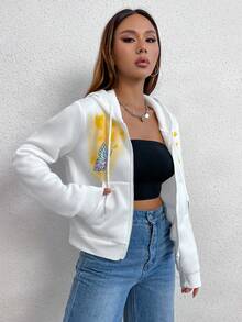 SHEIN Unity 女用蝴蝶印花拉鍊開合連帽衫 - 白色 - 查看 3