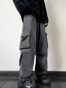 ROMWE MEN Street Life Pantalones cargo holgados para hombre con bolsillos grandes en los costados - Gris Oscuro - Ver 3