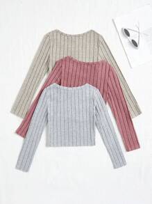 青少女3入組彈性條紋長袖T卹 - 杏色 - 查看 2