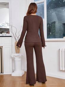 SHEIN Privé Women's Long-sleeved Knotted Two-piece Set - Brown - View 2