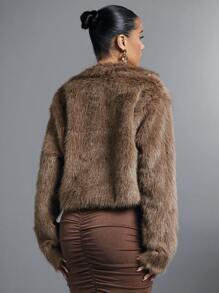 SHEIN BAE Solid Open Front Crop Fuzzy Coat - Brown - View 2