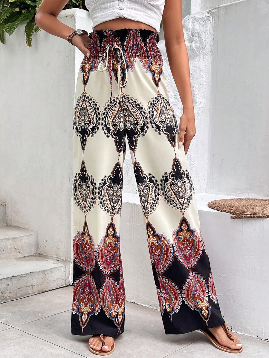 SHEIN VCAY In Đồ họa Eo cao Dây thắt lưng Quần ống rộng - Nhiều màu - Xem 1