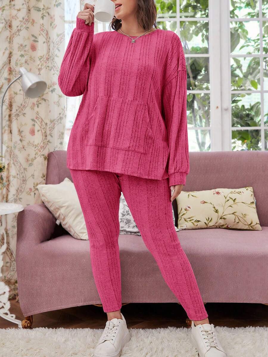 SHEIN LUNE Hơn Túi kangaroo Áo thun Thả vai & Xà cạp - Màu Hồng Tươi - Xem 1