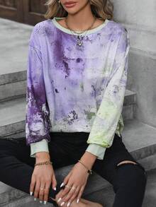 SHEIN LUNE Ladies' Tie Dye Ombre Drop Shoulder Sweatshirt - Purple - View 4