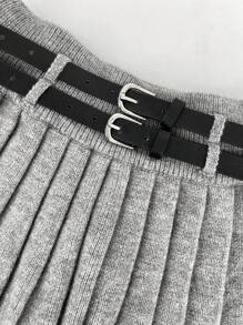 SHEIN Unity Women's Solid Color Off-Shoulder Long Sleeve Top And Pleated Skirt Sweater Set - Grey - View 4