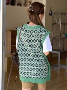 Dazy Star Của phụ nữ Áo len vest Với Họa tiết Hình học Trở lại Thiết kế - màu xanh lá - Xem 2