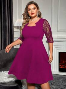 SHEIN Clasi Plus Contrast Lace Notched Neckline Dress - Red Violet - View 3
