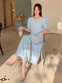 DAZY 泡泡袖荷叶边下摆罩衫连衣裙太阳裙 - 藍色 - 查看 4