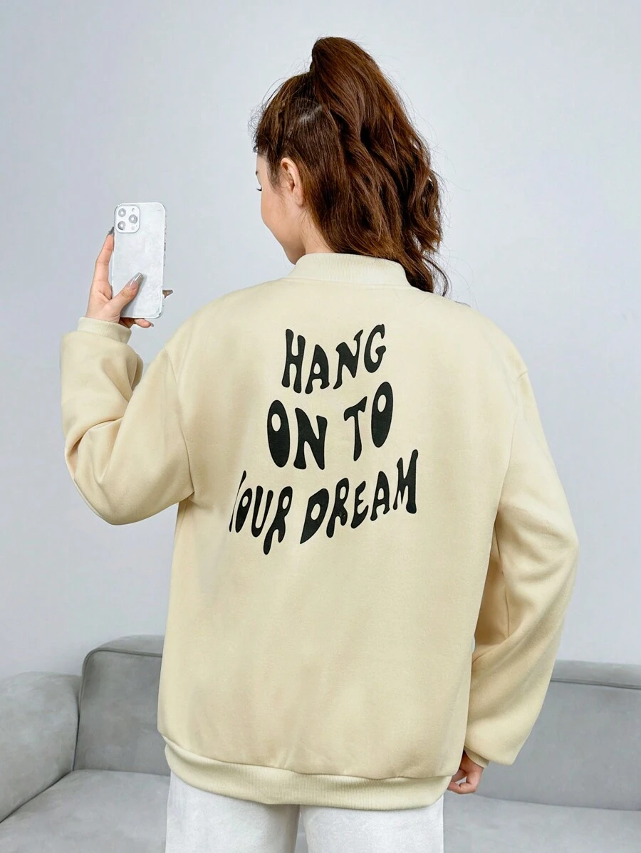 Teenage Girls' Casual Street Style Letter Printed Baseball Jacket - Apricot - View 1