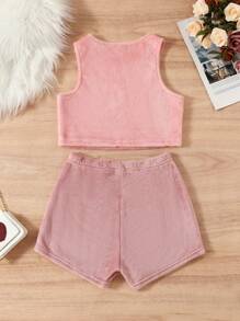 SHEIN Tween-Mädchen Rosa, flammhemmendes, zweiteiliges Homewear Set aus Plüsch im weichen und sauberen Stil