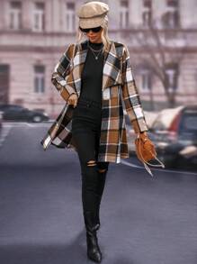 SHEIN LUNE In kẻ sọc Cổ áo thác nước Áo khoác - Màu nâu  Mocha - Xem 5