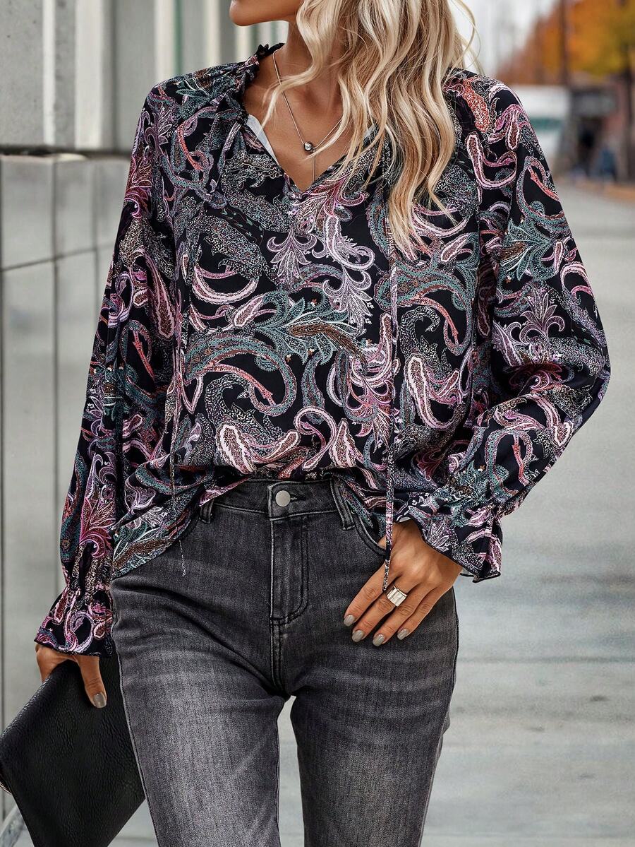 SHEIN LUNE Paisley Print Flare Sleeve Blouse - Multicolor - View 1