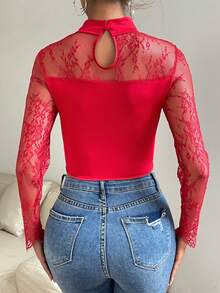 SHEIN Allurite Women's Patchwork Lace Top - Red - View 2