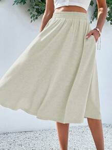 Breezaya Solid Slant Pocket Flare Skirt - Beige - View 3