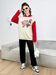 青少年女孩撞色字母印花落肩卫衣，圣诞节 - 彩色 - 查看 6