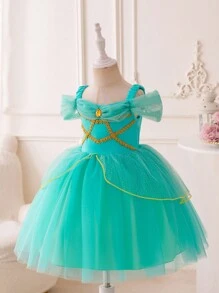 SHEIN Glamorique Kids Mother's Day Gift Mommy And Me Outfits Girls' Dress Four Seasons Princess Style Dress Elegant Suitable For Parties, Birthday Parties, Large Events, Performances, Etc. Strap Out Shoulder Dress Green Mesh Dress - Green - View 3