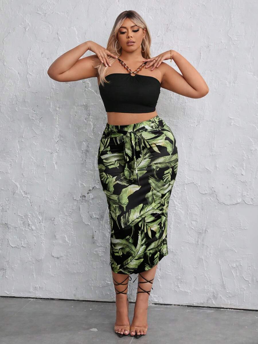 SHEIN SXY Women's Plus Size Tropical Printed Top And Skirt Two-piece Set - Multicolor - View 1