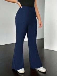 SHEIN EZwear 女性大碼純色喇叭褲,帶有肋紋細節 - 藍色 - 查看 5