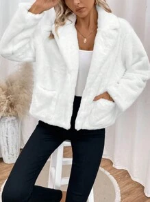 SHEIN Frenchy Cổ áo Túi Kép Mở Mặt trước 	
Fuzzy áo - trắng - Xem 6
